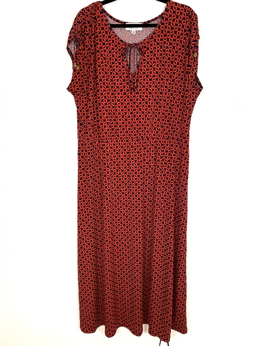 Nikki Poulos Maxi Dress 2X Blue Red Geometric Circle Print Sleeveless Stretchy